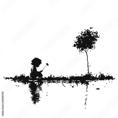 Child by the water holding a flower near a tree. Vector Image