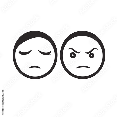 Circular Emojis Sad and Angry Faces Vector Illustration. Vector Image