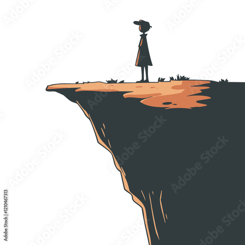 Cliff Edge Silhouette Figure Observation. Vector Image