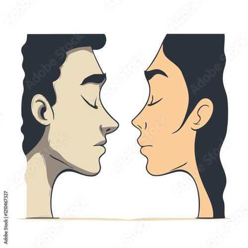 Close-up illustration of a man and woman facing each other. Vector Image