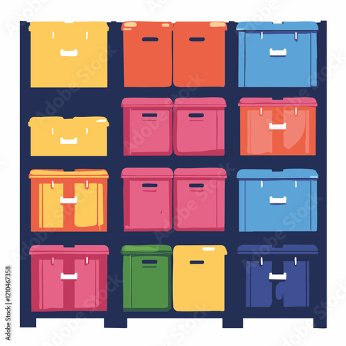 Colorful Storage Boxes in a Cabinet. Vector Image