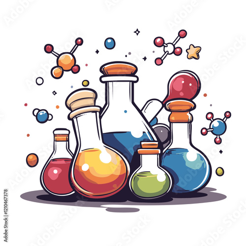 Colorful Chemistry Flasks and Molecules Illustration. Vector Image