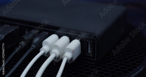 A detailed closeup view of a USB hub featuring multiple cables connected to it