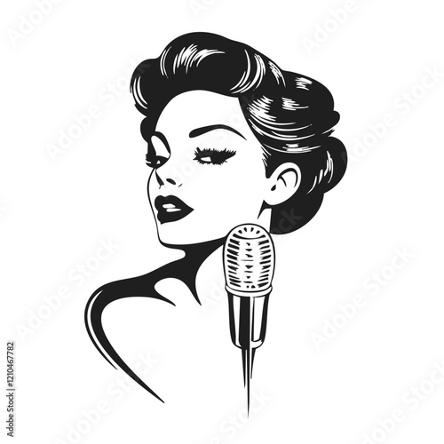 Elegant Woman Singing into Microphone. Vector Image