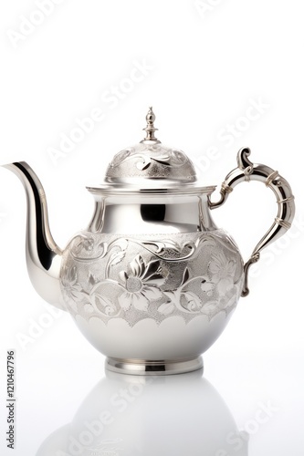 Silver Ware on White Background. Eastern Art-Inspired Kettle, Sugar Bowl, Jug, and More photo