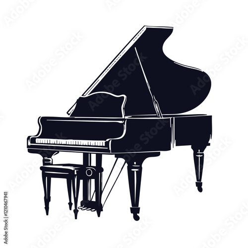 Grand Piano Silhouette with Bench. Vector Image