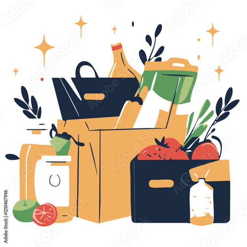 Grocery Delivery Boxes with Fresh Produce and Staples. Vector Image