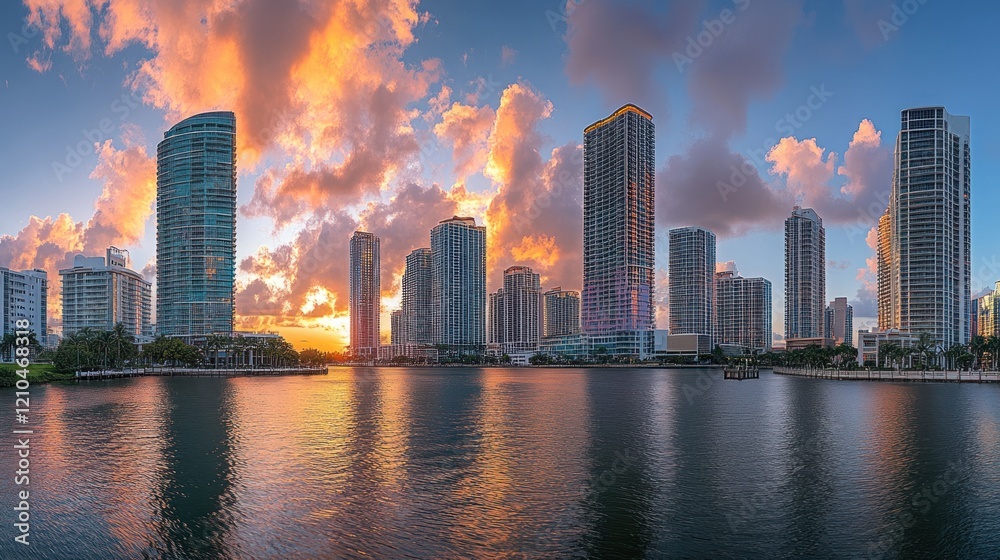 Fototapeta premium Miami Skyline Sunset over Waterway