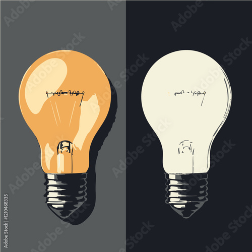 Illuminated and Unlit Light Bulbs Side by Side. Vector Image