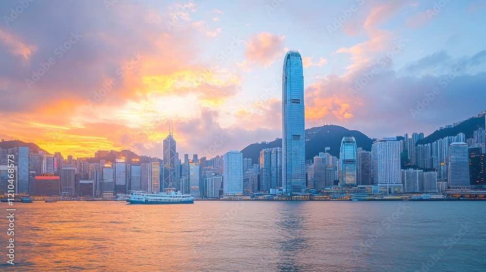 Fototapeta premium Hong Kong skyline at sunset over harbor with ferry