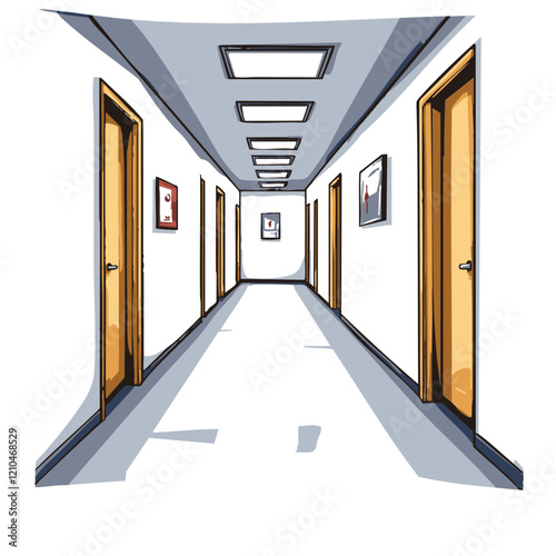 Long corridor with multiple doors and framed artwork. Vector Image