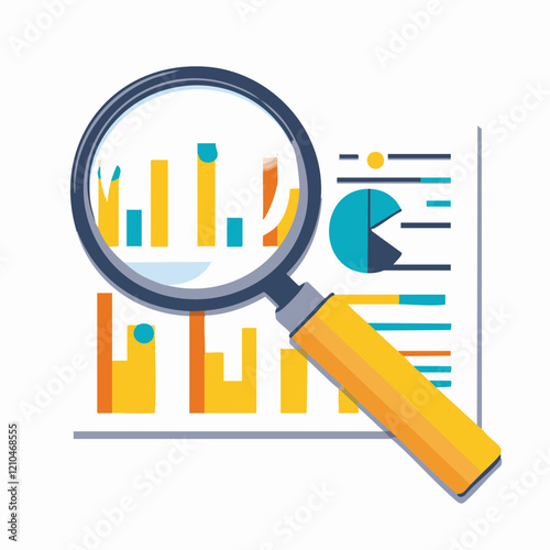 Magnifying Glass Analyzing Data Charts Graphs Report. Vector Image