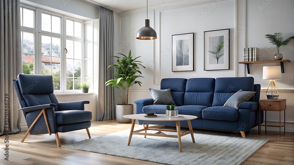 Dark blue sofa and recliner chair in scandinavian apartment. Dark blue sofa and recliner chair in scandinavian apartment.