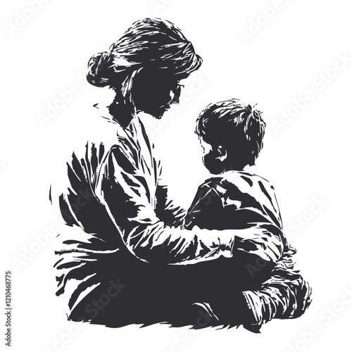 Mother and Child Embrace Silhouette Illustration. Vector Image