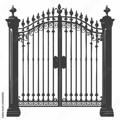 Ornate Double Gate with Pillars and Scrollwork. Vector Image