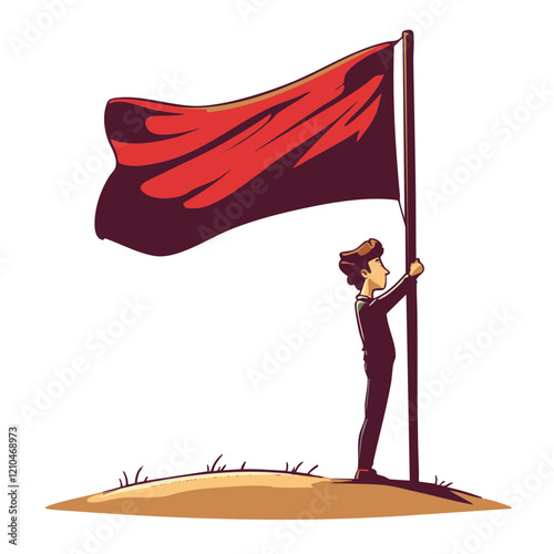 Person Raising a Red Flag on Hilltop. Vector Image