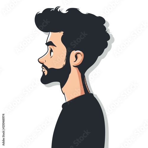 Profile illustration of a man with dark hair and beard. Vector Image