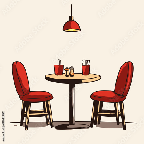 Red chairs and round table with overhead light. Vector Image