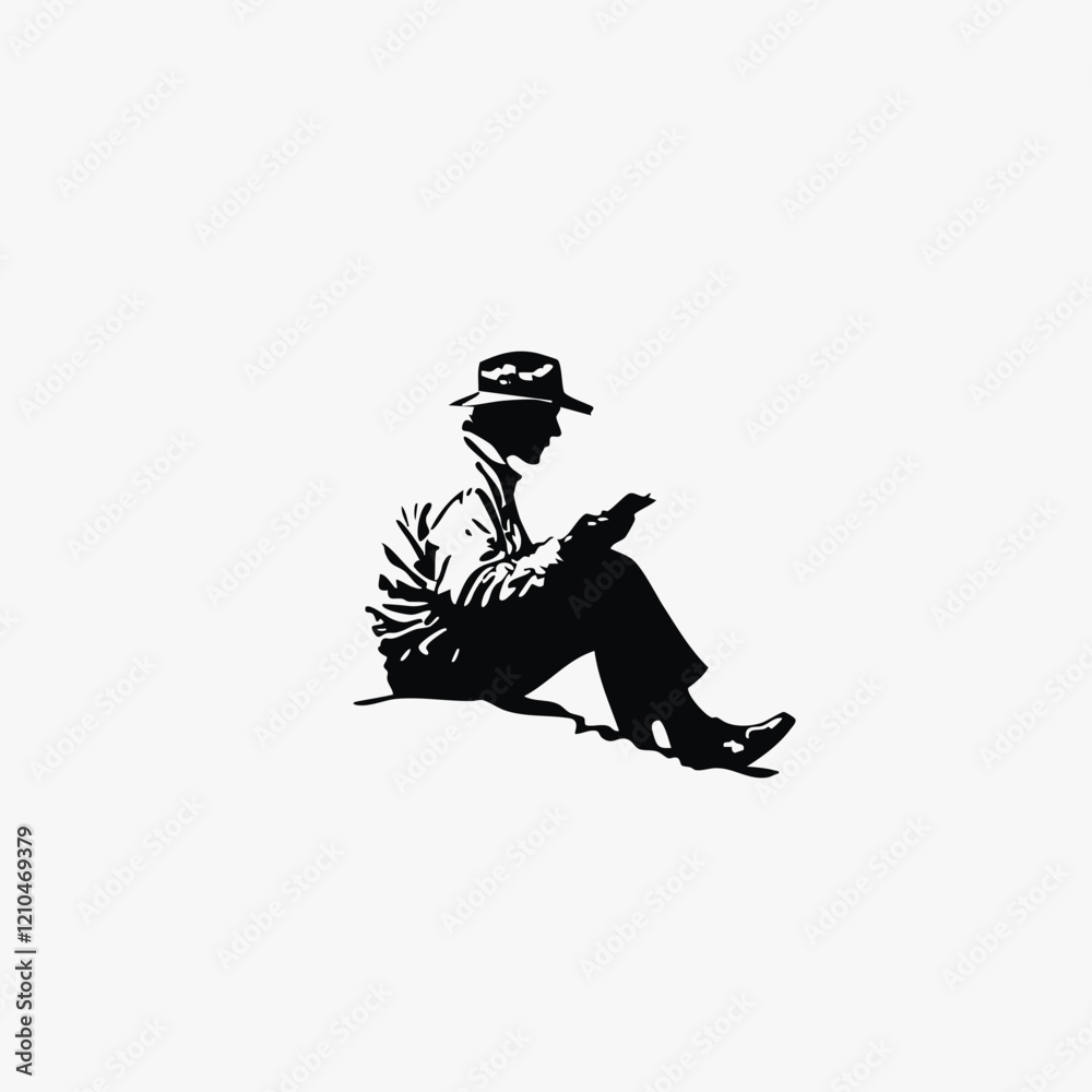 Fototapeta premium Seated Man Using Mobile Device Silhouette. Vector Image