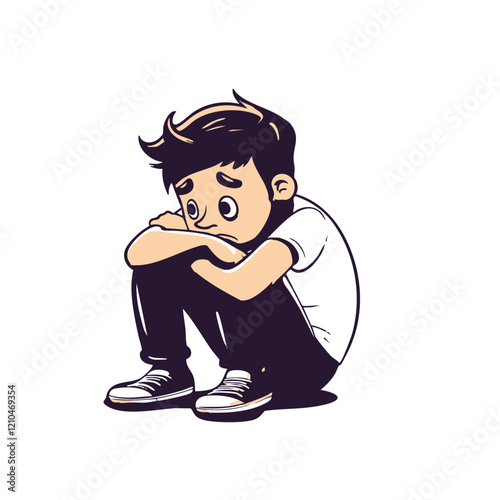 Sad Boy Sitting Cartoon Illustration. Vector Image