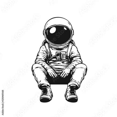 Seated Astronaut in Space Suit Illustration. Vector Image