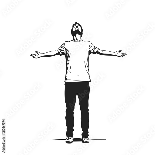 Sketch of a person with arms outstretched looking upward. Vector Image