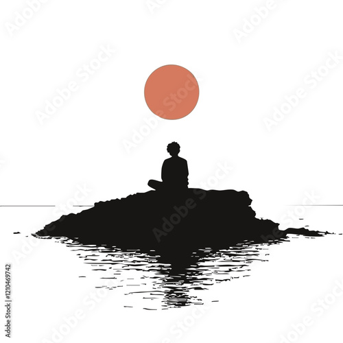 Solitary Figure on Coastal Rock Formation at Sunset. Vector Image