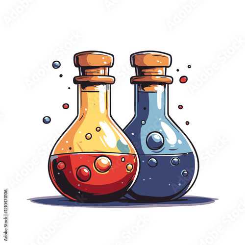 Two Glass Bottles with Cork Stoppers and Colorful Liquids. Vector Image