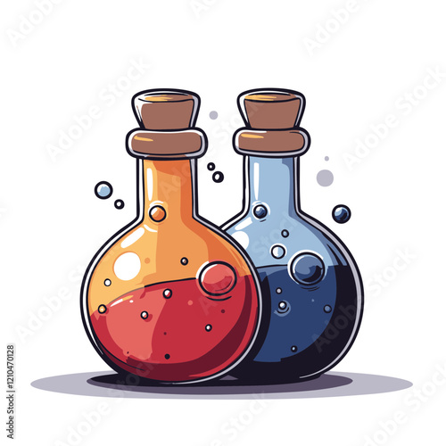 Two round glass bottles with cork stoppers and colored liquids. Vector Image