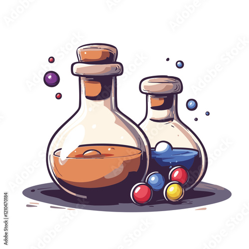 Two Glass Bottles with Colorful Liquid and Spheres. Vector Image