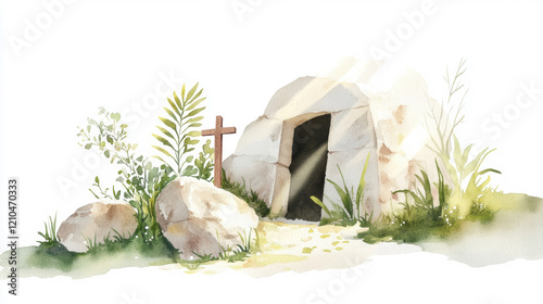 Watercolor depiction of an empty tomb with sunlight and greenery