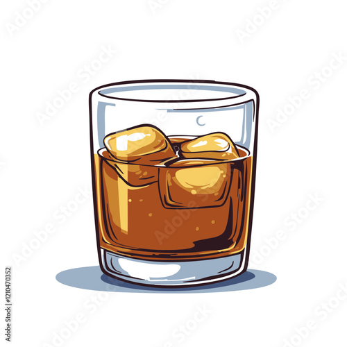 Whiskey Glass with Ice Cubes Illustration. Vector Image