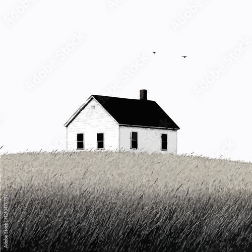 White Farmhouse in Tall Grass. Vector Image
