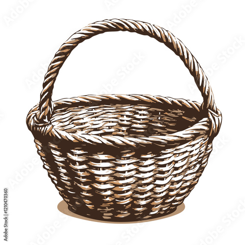 Wicker Basket with Rope Handle Illustration. Vector Image