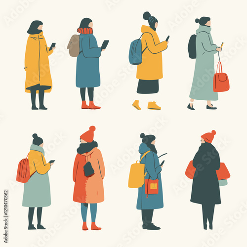 Winter Fashion Illustrations Women in Coats and Bags. Vector Image