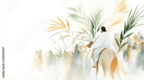 Watercolor jesus riding donkey amidst crowd with palm leaves