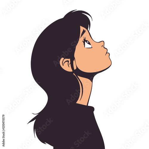 Woman with long dark hair looking upward. Vector Image