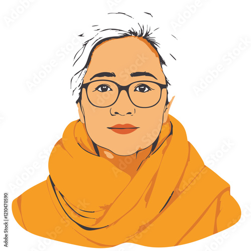 Woman with glasses and orange scarf portrait illustration. Vector Image