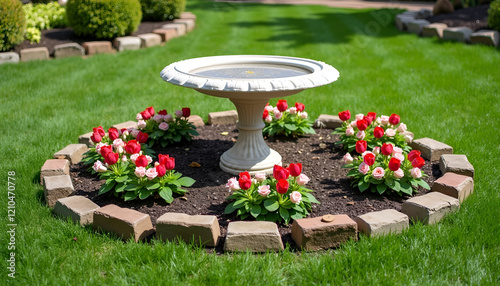 Landscape design of a residential garden featuring a birdbath surrounded by vibrant flowers