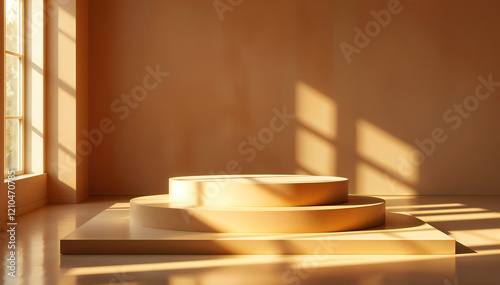 a sunlit podium in an empty room with light and shadow, ideal for product display. The warm tones create an inviting atmosphere