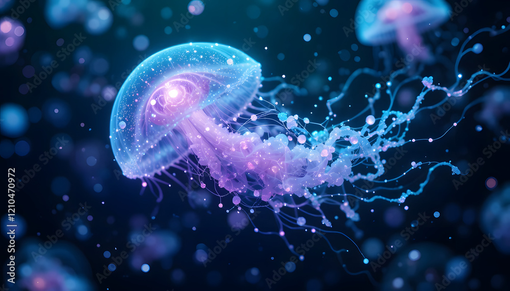 Naklejka premium Glowing jellyfish underwater, digital art.