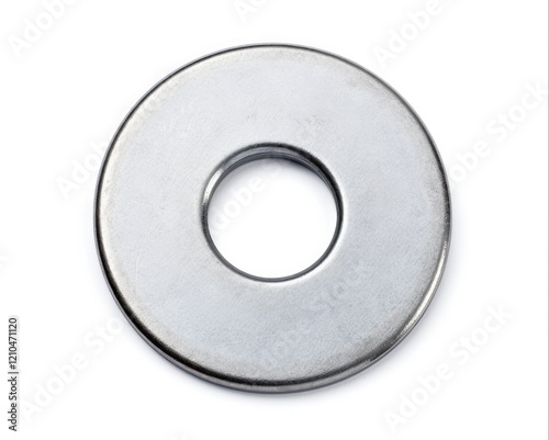 Top View Closeup Steel Washer. Circle Shape Metal Element for Construction and Equipment Isolated on White Background