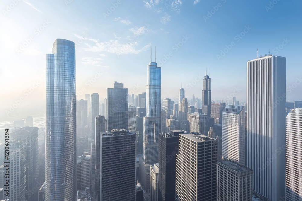 A modern metropolis with sleek skyscrapers seen in slight perspective, it is 1 PM afternoon, we can't see the sun, there is no clound in an ultra realistic version in 4k 