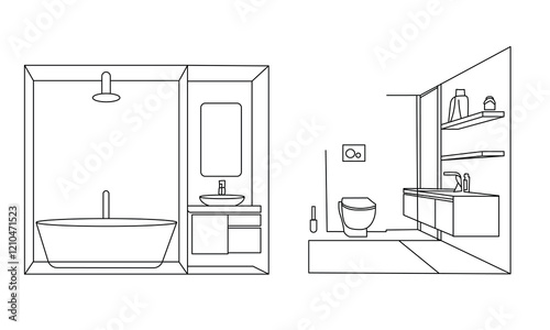  minimalist line Drawing of bathroom with toilet front and isometric view