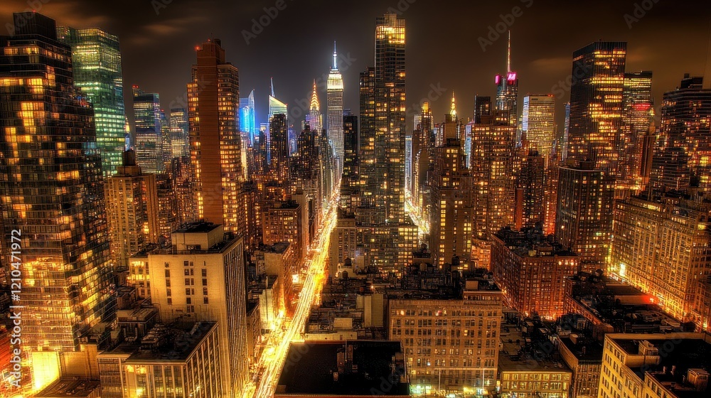 Obraz premium Night cityscape, avenue lights, Manhattan skyline, aerial view, urban background