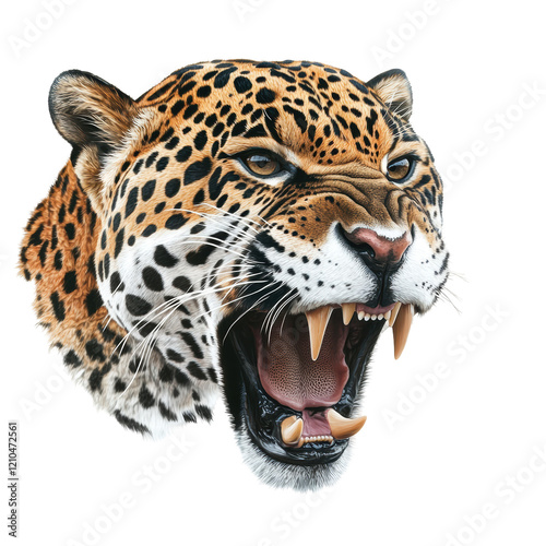 Isolated jaguar head, snarling with large fangs