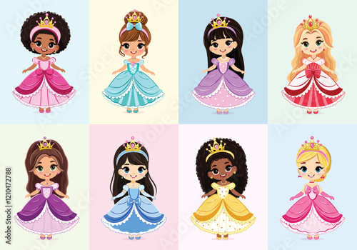 Set of cute different nationalities little princess with beautiful eyes and golden crown. Poster, Banner, Flyer, Greeting Card. Vector illustration in flat drawn cartoon style