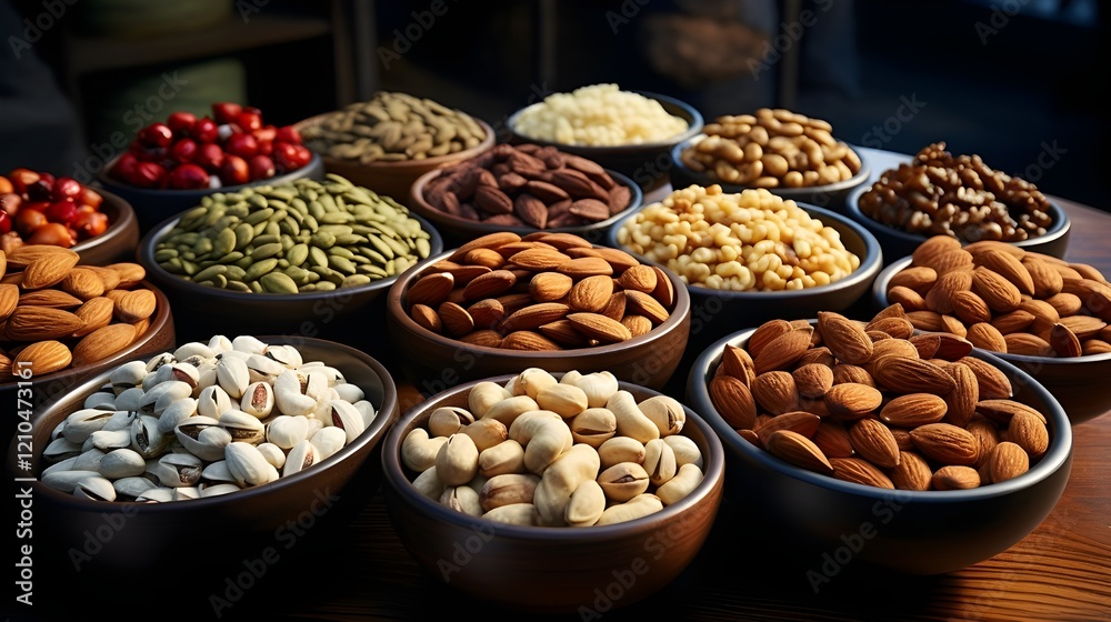 A top view of various nuts and seeds like almonds, walnuts, and sunflower seeds arranged in rustic wooden bowls on a wooden surface, illuminated to highlight their textures, captured in HD clarity. A top view of various nuts and seeds like almonds, walnuts, and sunflower seeds arranged in rustic wooden bowls on a wooden surface, illuminated to highlight their textures, captured in HD clarity.