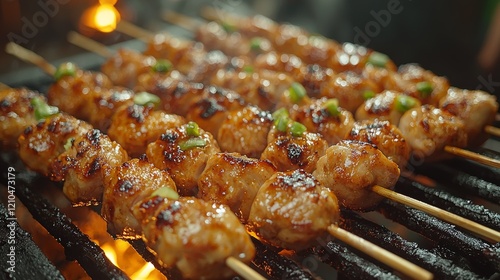 Grilled skewers sizzle over intense flames at a lively night market, immerse viewers in the vibrant atmosphere and mouth-watering aromas of street food culture photo