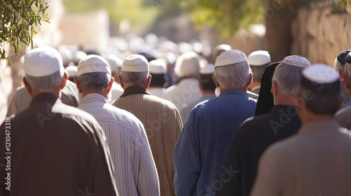 Crowd of Elderly Men in Traditional Caps at Cultural Gathering in Middle Eastern Community : Generative AI photo